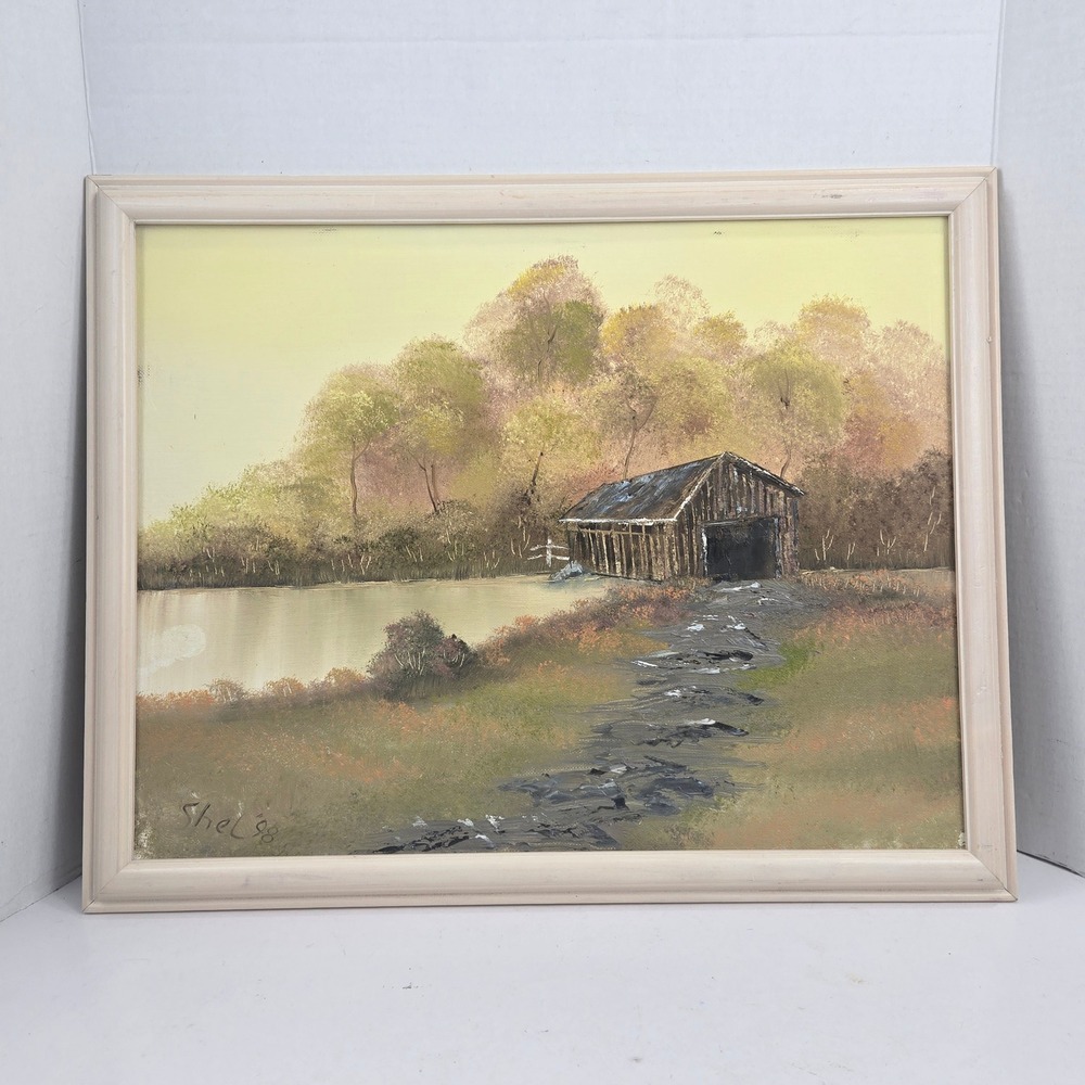 Vtg Original Oil Painting Covered Bridge in Autumn Landscape Tan 14x18 Signed